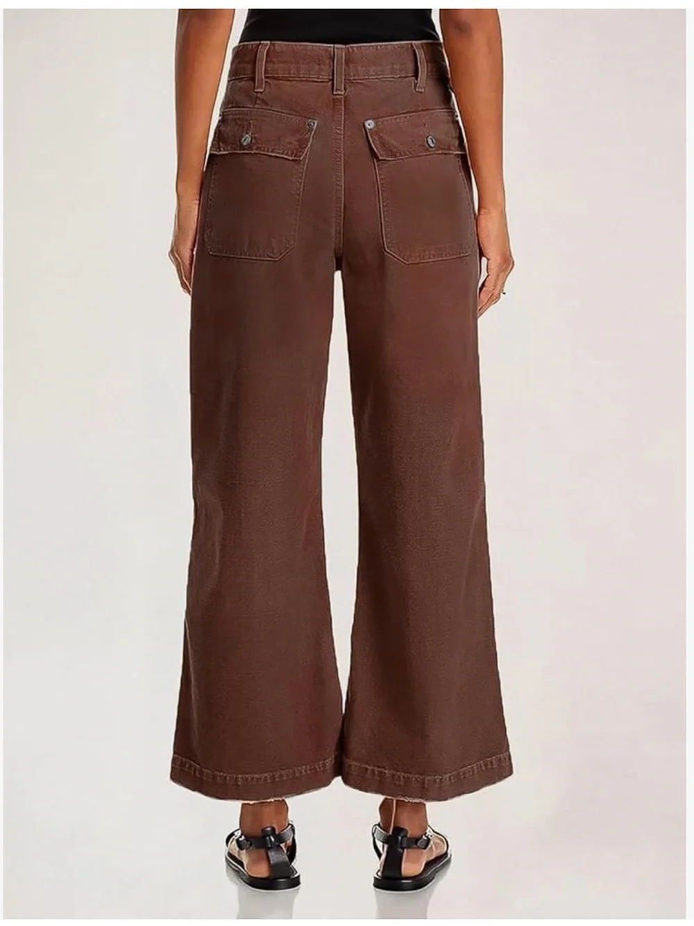 Flamingals Flap Pocket Back Mid Waist Wide Leg Crop Pants in Brown - Picture 4 of 8